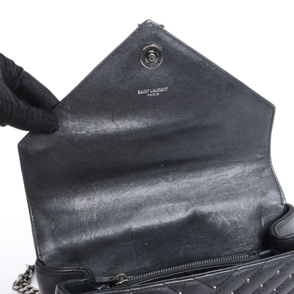 Saint Laurent Paris College Leather x Rhinestone Chain Shoulder Bag in Black 428056