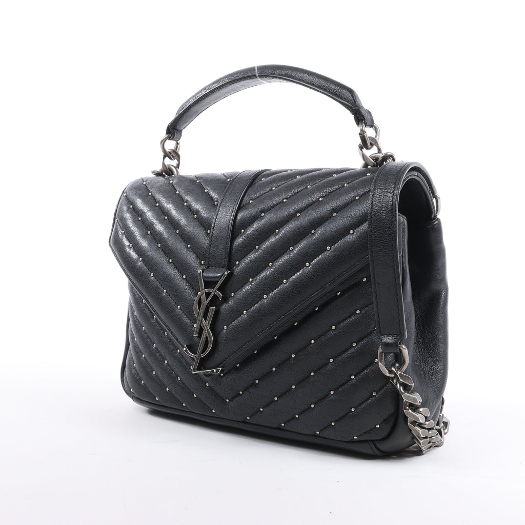 Saint Laurent Paris College Leather x Rhinestone Chain Shoulder Bag in Black 428056