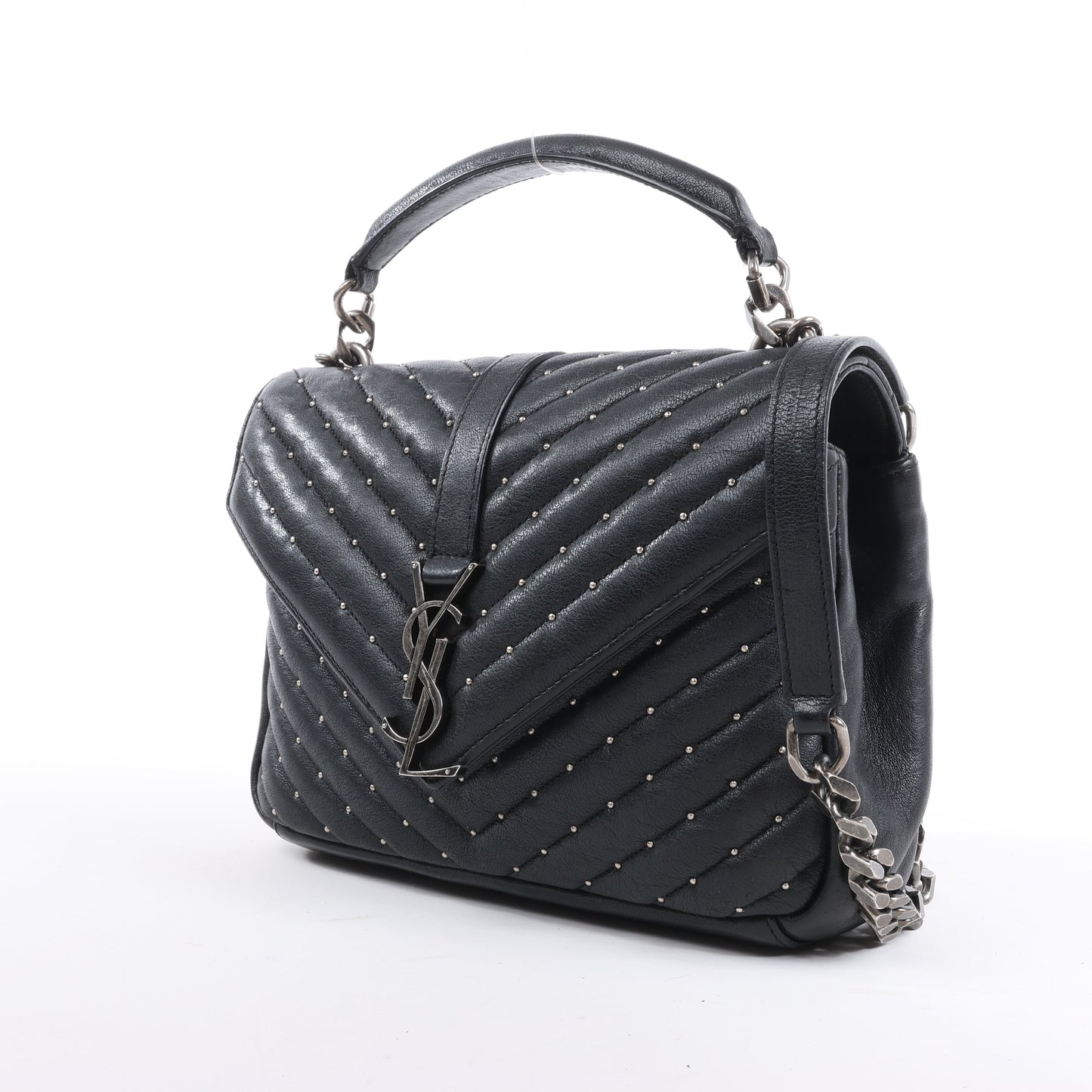 Saint Laurent Paris College Leather x Rhinestone Chain Shoulder Bag in Black 428056