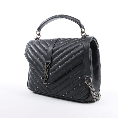 Saint Laurent Paris College Leather x Rhinestone Chain Shoulder Bag in Black 428056