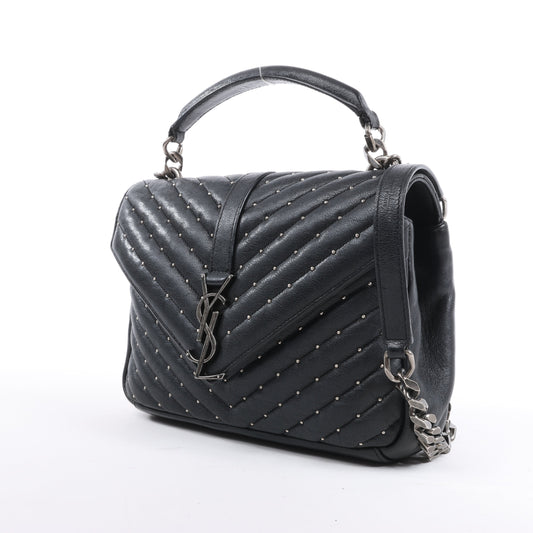 Saint Laurent Paris College Leather x Rhinestone Chain Shoulder Bag in Black 428056