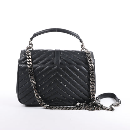 Saint Laurent Paris College Leather x Rhinestone Chain Shoulder Bag in Black 428056