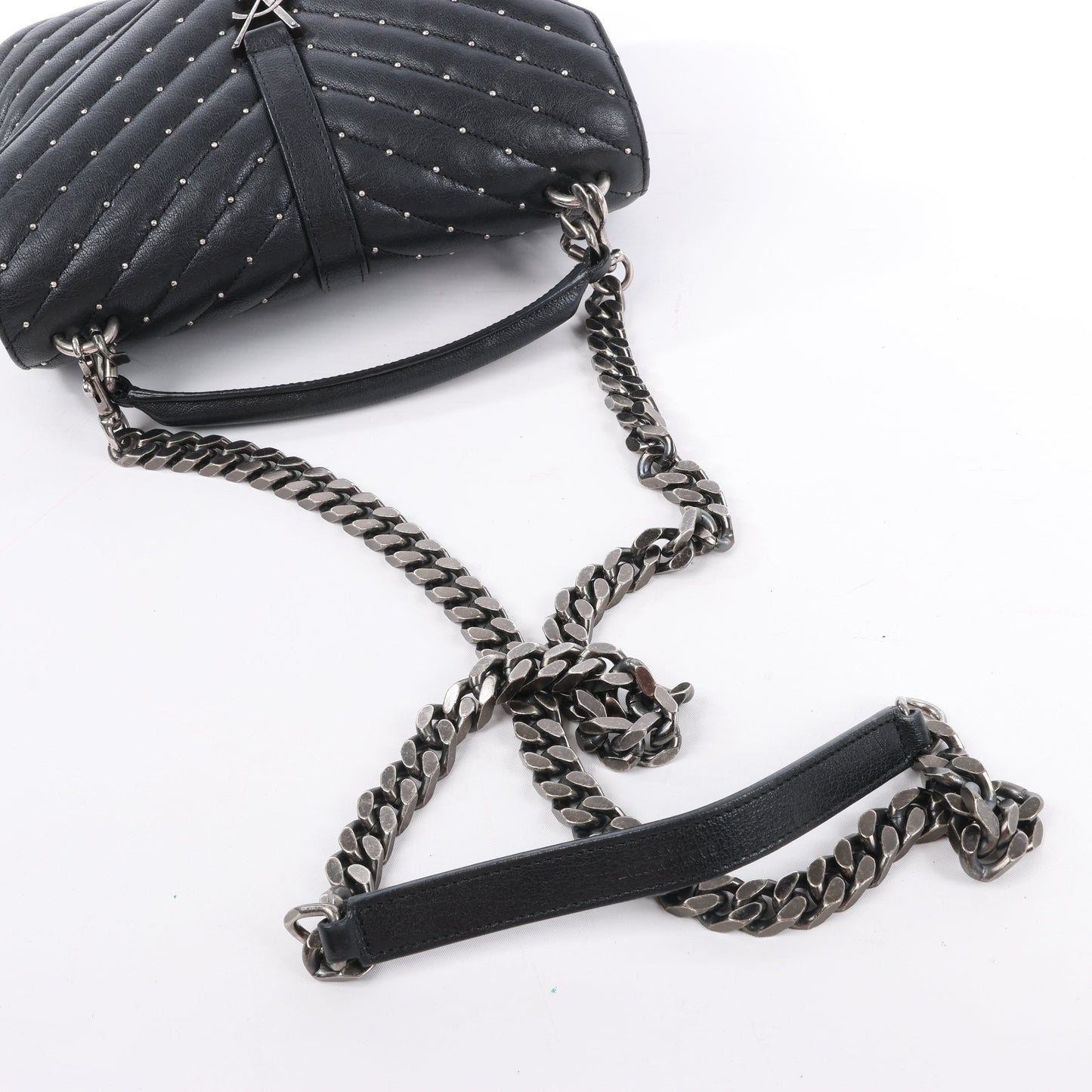 Saint Laurent Paris College Leather x Rhinestone Chain Shoulder Bag in Black 428056