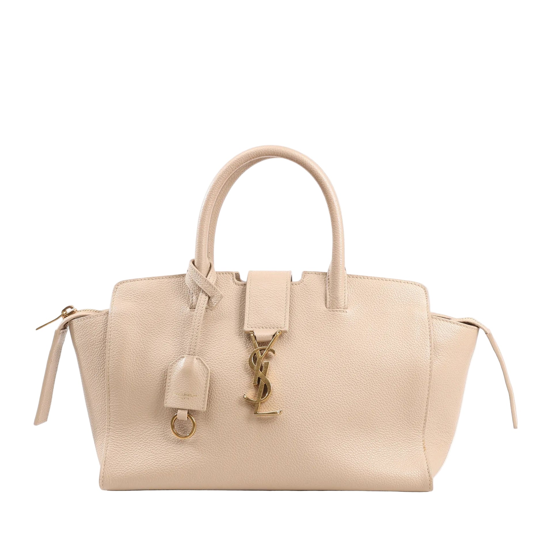 Saint Laurent Paris Downtown Cabas 2Way Handbag 635346 in beige pebbled leather with gold YSL logo, top handles, side gussets, and leather key ring against a white background.