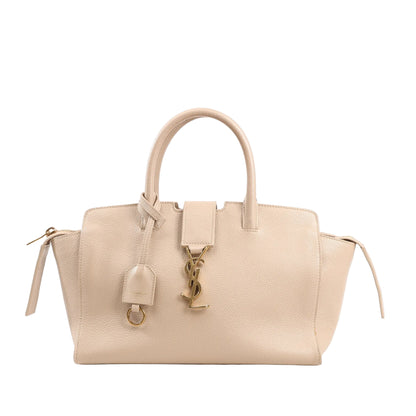 Saint Laurent Paris Downtown Cabas 2Way Handbag 635346 in beige pebbled leather with gold YSL logo, top handles, side gussets, and leather key ring against a white background.
