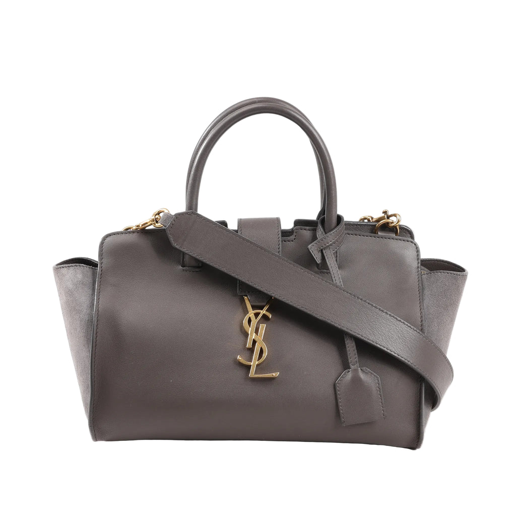 Front view of a Saint Laurent Paris Downtown Cabas 436834 handbag in smooth gray leather with gold-tone YSL logo, dual top handles, detachable shoulder strap, and side suede panels.