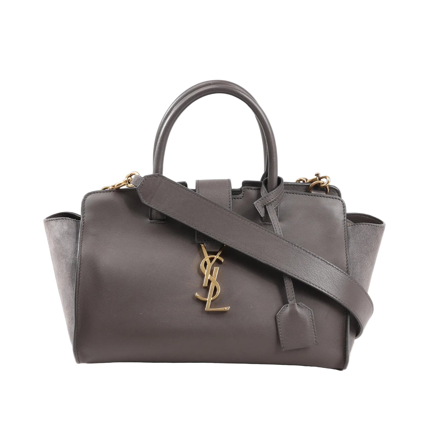 Front view of a Saint Laurent Paris Downtown Cabas 436834 handbag in smooth gray leather with gold-tone YSL logo, dual top handles, detachable shoulder strap, and side suede panels.