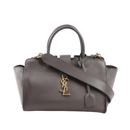Front view of a Saint Laurent Paris Downtown Cabas 436834 handbag in smooth gray leather with gold-tone YSL logo, dual top handles, detachable shoulder strap, and side suede panels.