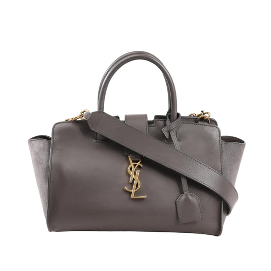 Front view of a Saint Laurent Paris Downtown Cabas 436834 handbag in smooth gray leather with gold-tone YSL logo, dual top handles, detachable shoulder strap, and side suede panels.