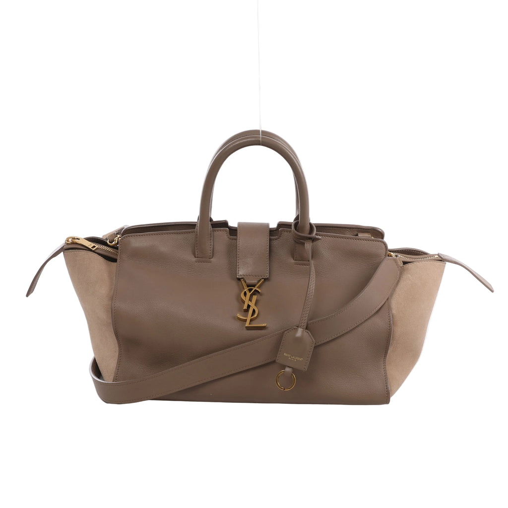 Beige Saint Laurent Downtown Cabas leather and suede handbag with top handles, shoulder strap, gold-tone YSL logo and zip side compartments.
