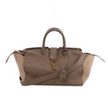 Beige Saint Laurent Downtown Cabas leather and suede handbag with top handles, shoulder strap, gold-tone YSL logo and zip side compartments.