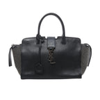 Black Saint Laurent Downtown Cabas leather handbag with silver-tone YSL logo, top handles and studded side panels.
