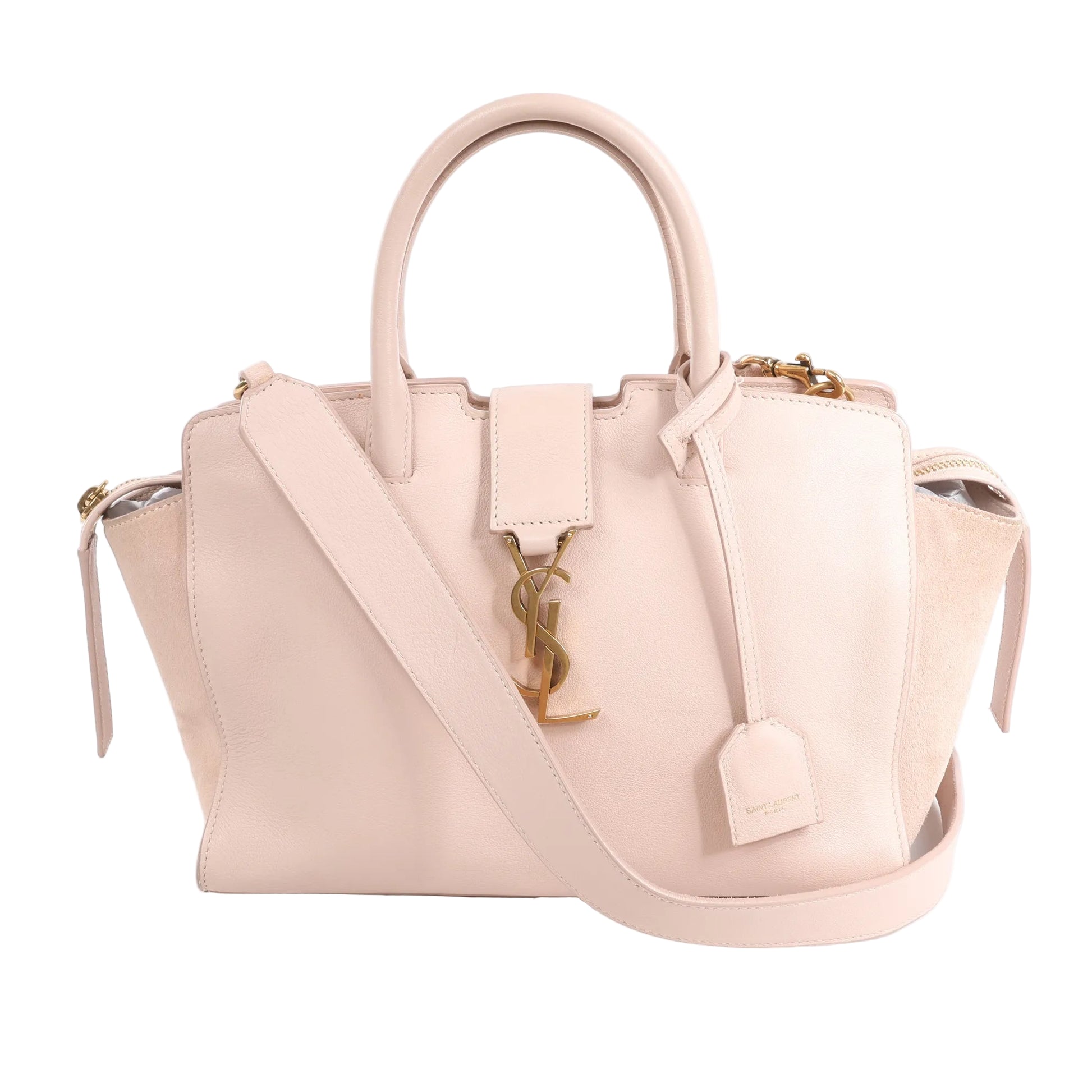 Front view of the Saint Laurent Paris Downtown Cabas 2Way Handbag in pink, showcasing smooth leather and suede side panels, structured silhouette, top handles, detachable shoulder strap, gold YSL logo, and leather clochette, displayed against a white background.
