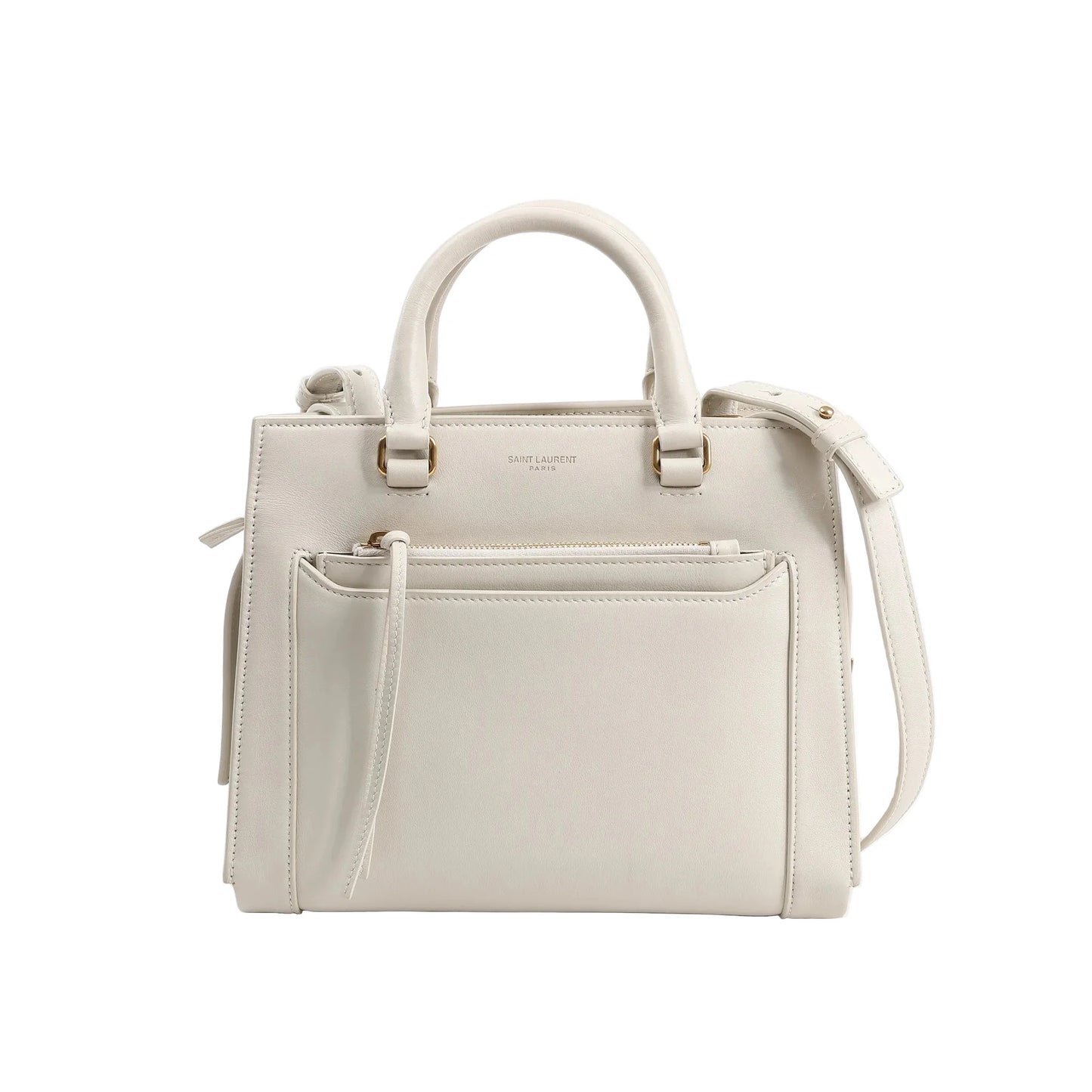 Saint Laurent Paris Eastside Handbag 554116 in ecru smooth leather, featuring a structured shape with dual top handles, a front zip pocket with leather pull, detachable shoulder strap, and subtle gold-tone hardware, displayed against a white background.