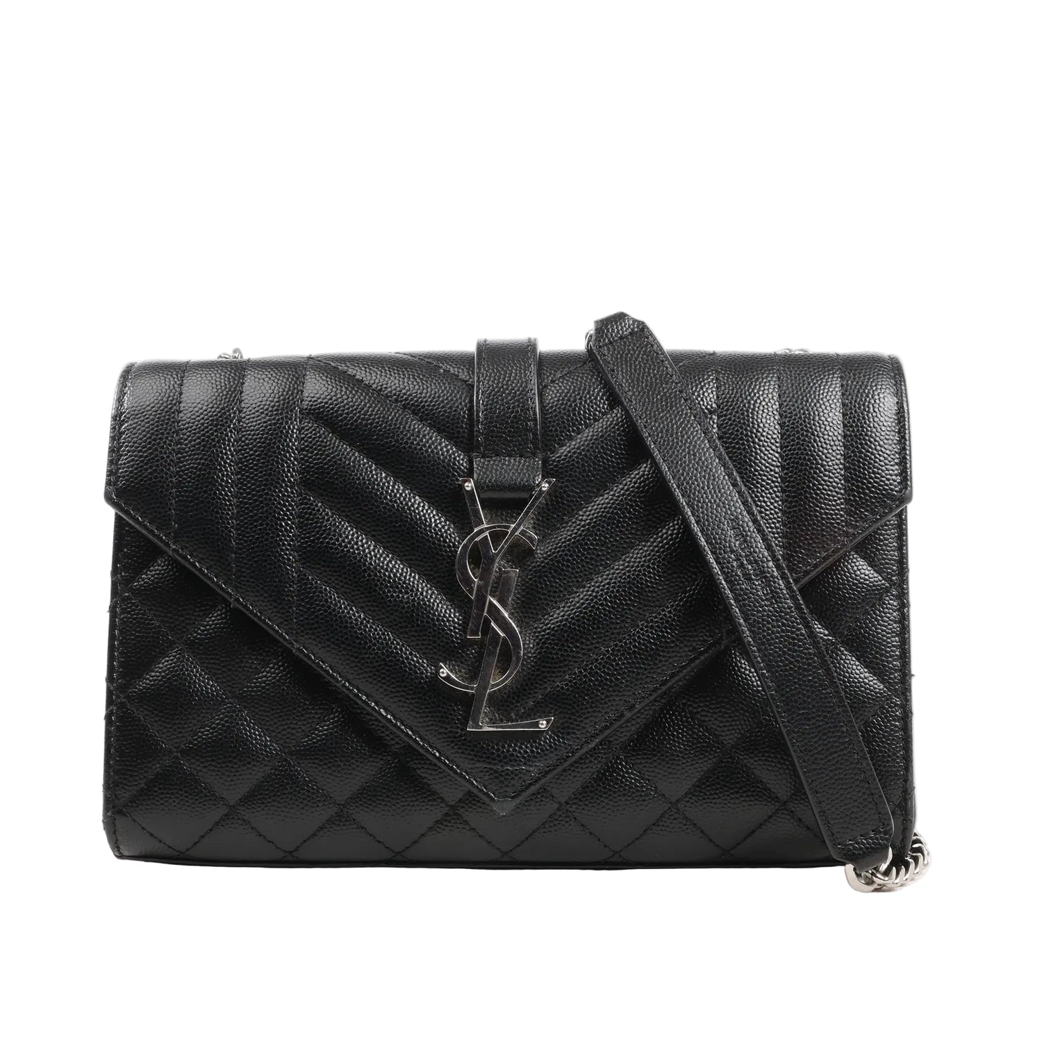 Saint Laurent Paris Envelope Small Crossbody Bag in black grained leather with chevron and diamond quilting, silver YSL monogram, and leather strap.