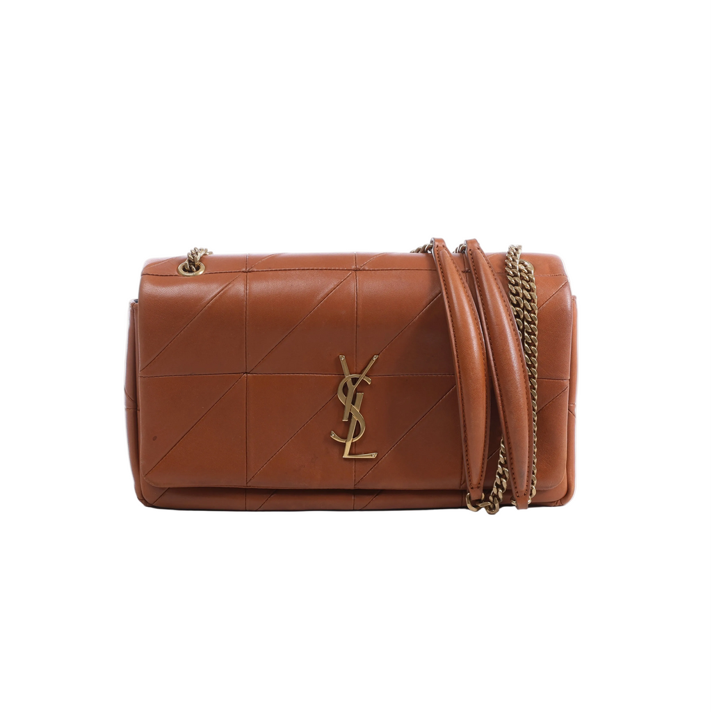 Brown Saint Laurent Jamie leather crossbody bag with geometric stitching, gold-tone YSL logo and chain-and-leather shoulder strap.