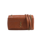 Brown Saint Laurent Jamie leather crossbody bag with geometric stitching, gold-tone YSL logo and chain-and-leather shoulder strap.