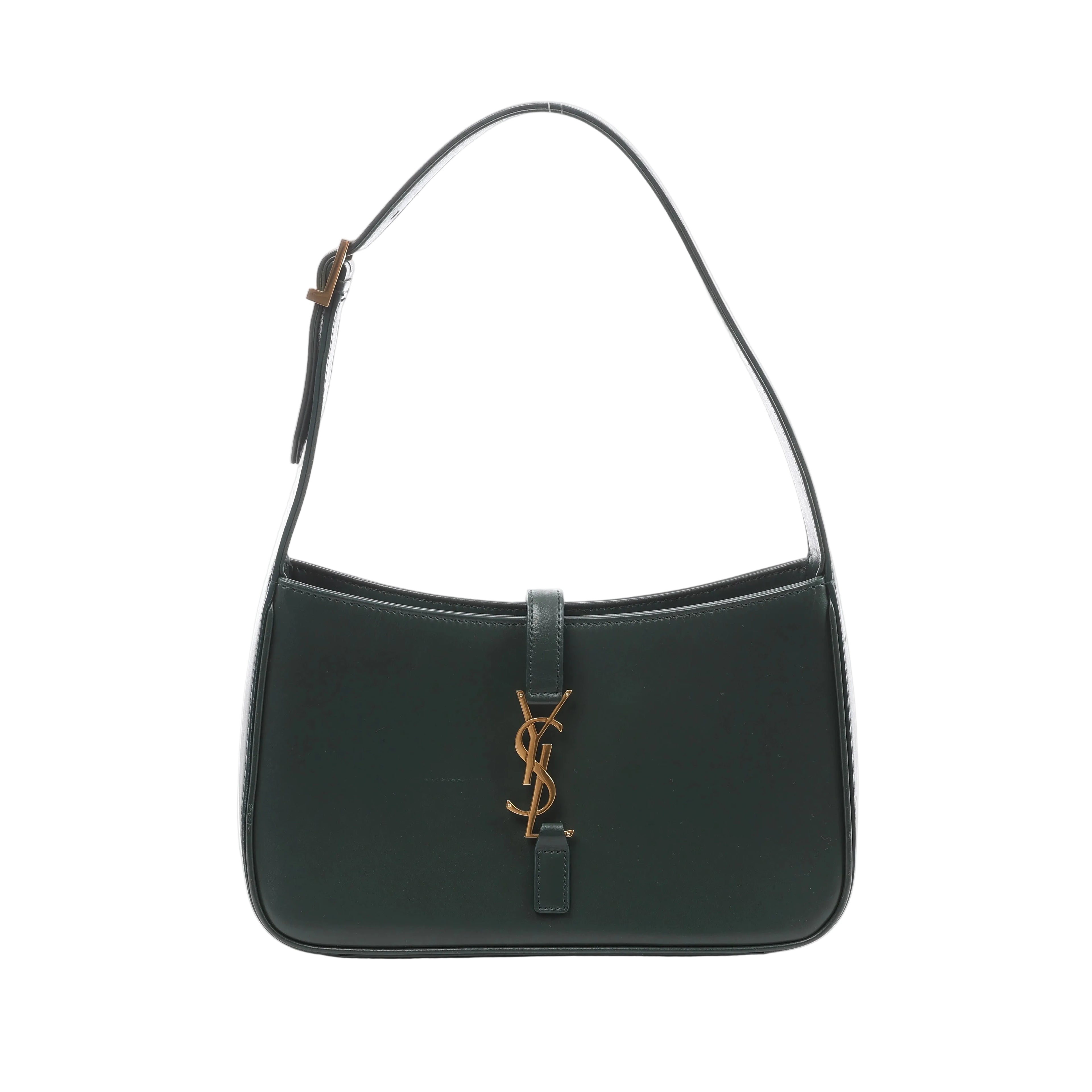 Dark green Saint Laurent Le 5 à 7 leather shoulder bag with a slim strap, curved silhouette and gold-tone YSL logo hardware.