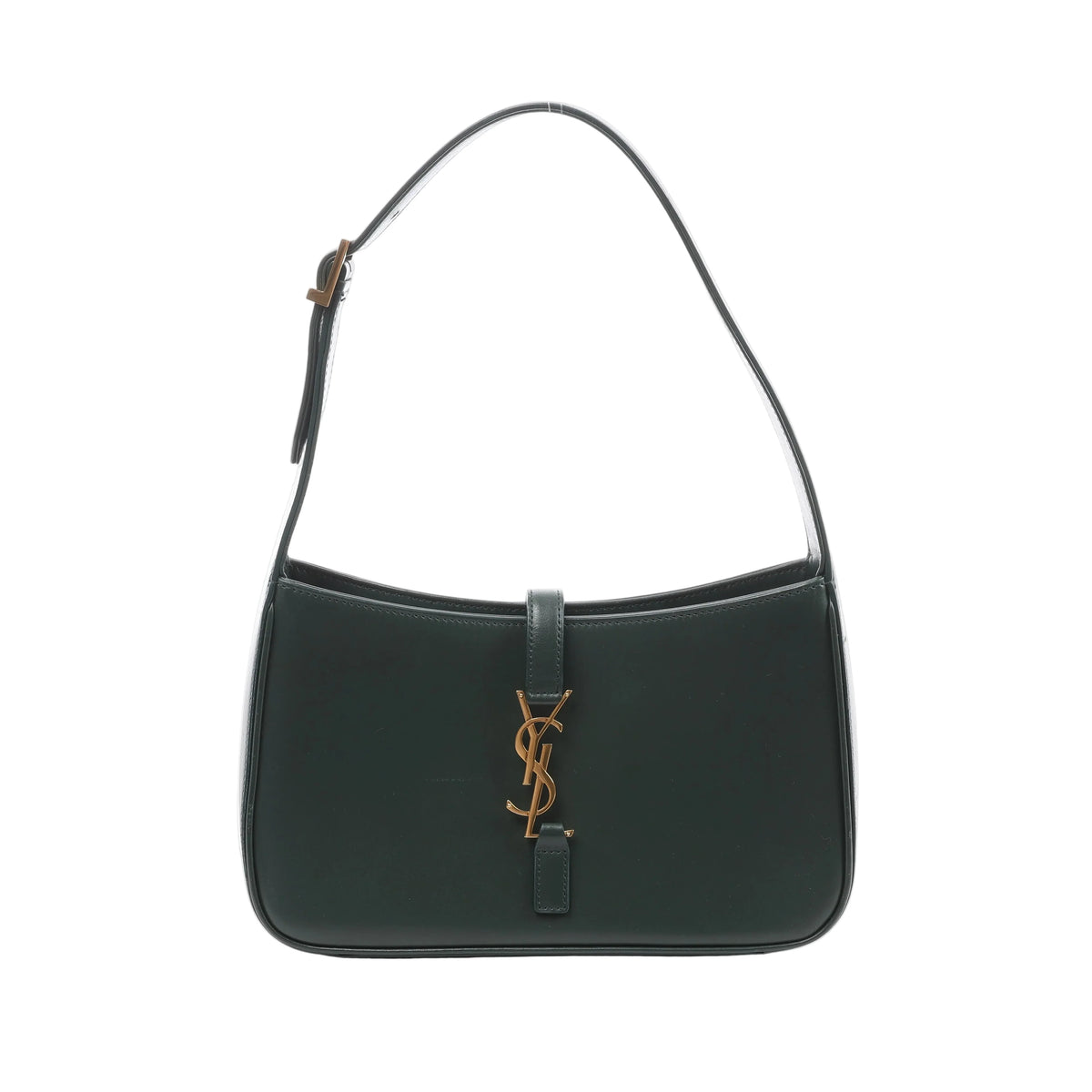 Dark green Saint Laurent Le 5 à 7 leather shoulder bag with a slim strap, curved silhouette and gold-tone YSL logo hardware.