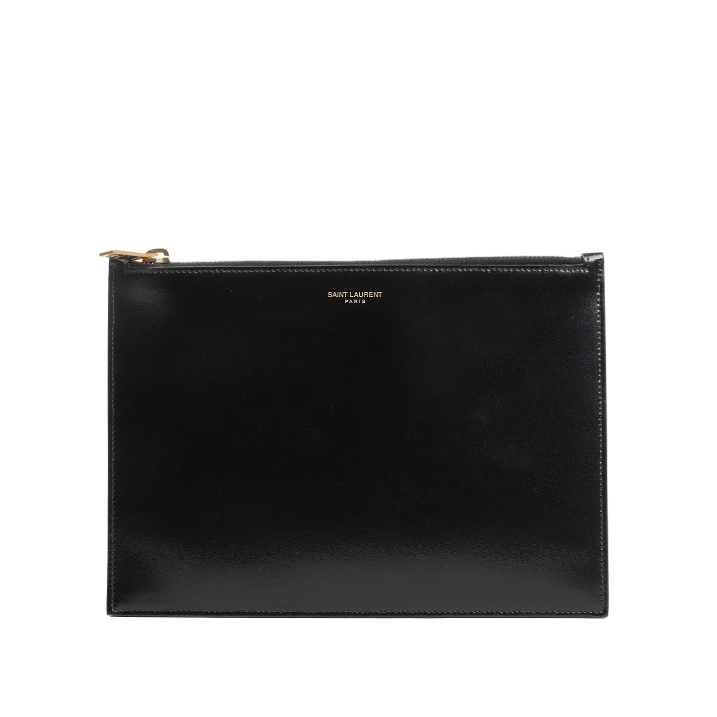 Saint Laurent Paris leather clutch in black featuring a sleek rectangular design, smooth finish, gold-tone top zip closure, and subtle “SAINT LAURENT PARIS” logo at the top center.