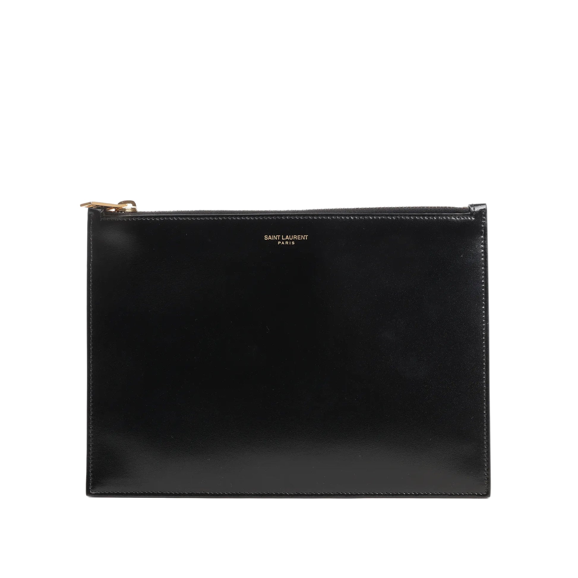 Saint Laurent Paris leather clutch in black featuring a sleek rectangular design, smooth finish, gold-tone top zip closure, and subtle “SAINT LAURENT PARIS” logo at the top center.