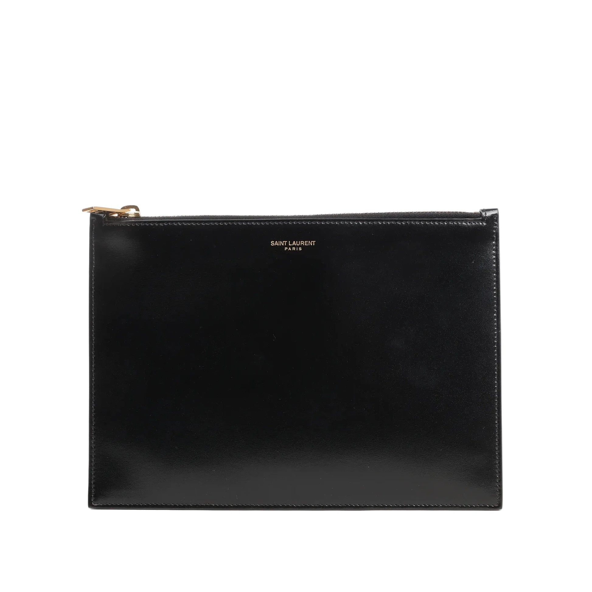 Saint Laurent Paris leather clutch in black featuring a sleek rectangular design, smooth finish, gold-tone top zip closure, and subtle “SAINT LAURENT PARIS” logo at the top center.