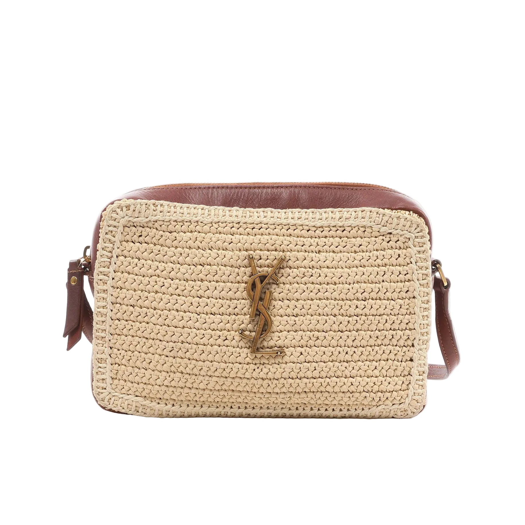 Saint Laurent Paris Lou Camera crossbody bag in beige raffia with brown leather trim, adjustable leather shoulder strap, zip closure, and gold-tone YSL logo on a white background.