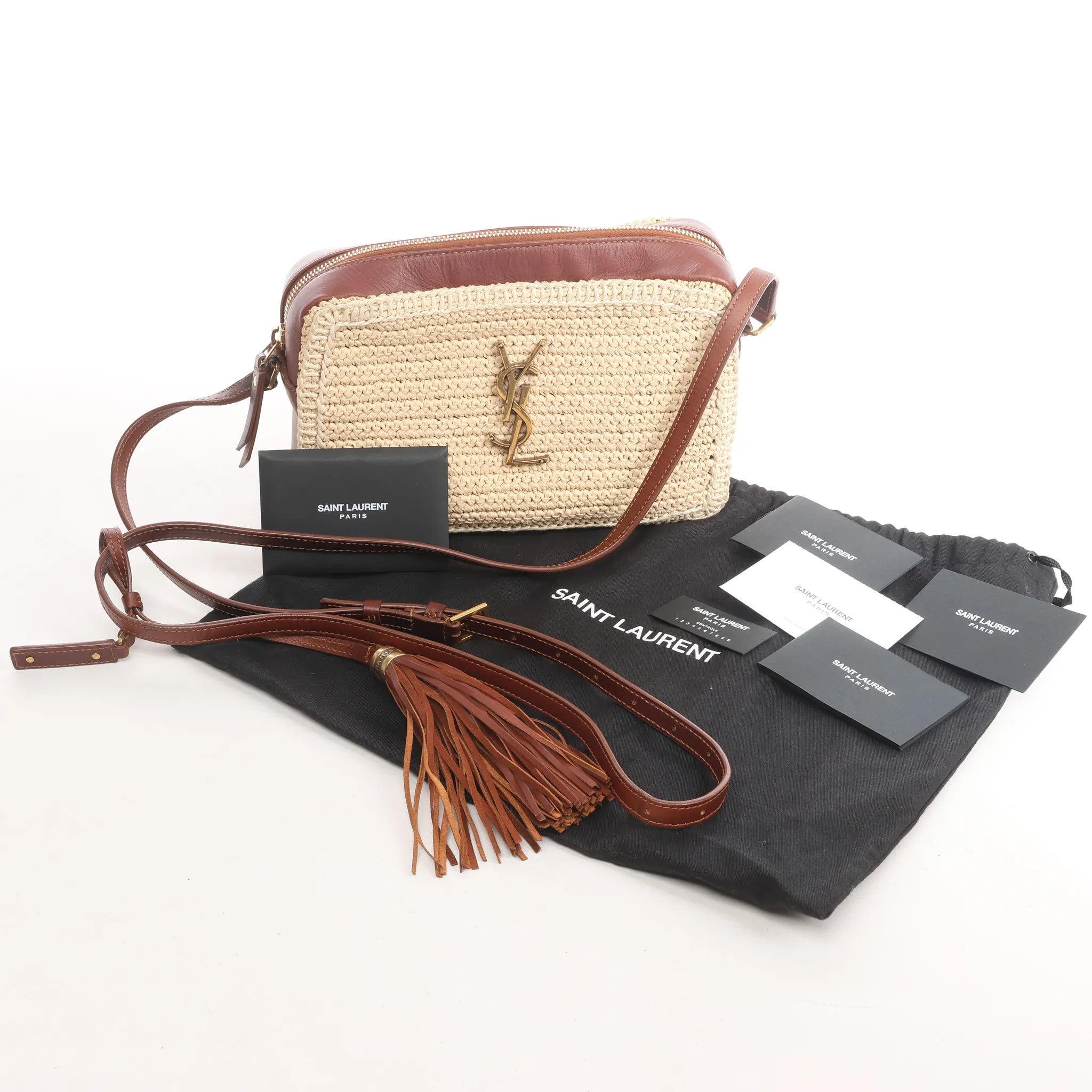 Saint Laurent Paris Lou Camera Raffia x Leather Crossbody Bag in Beige x Brown 468537