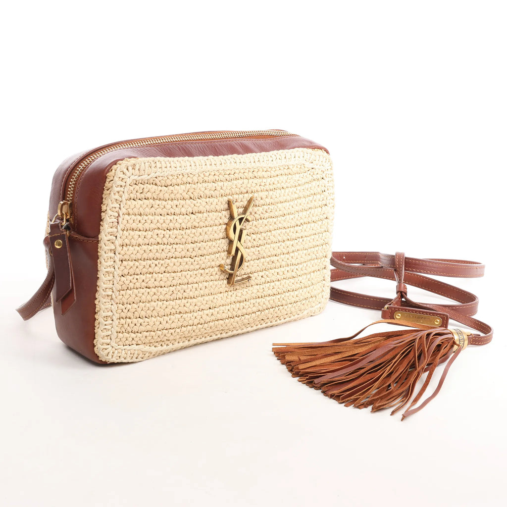 Saint Laurent Paris Lou Camera Raffia x Leather Crossbody Bag in Beige x Brown 468537