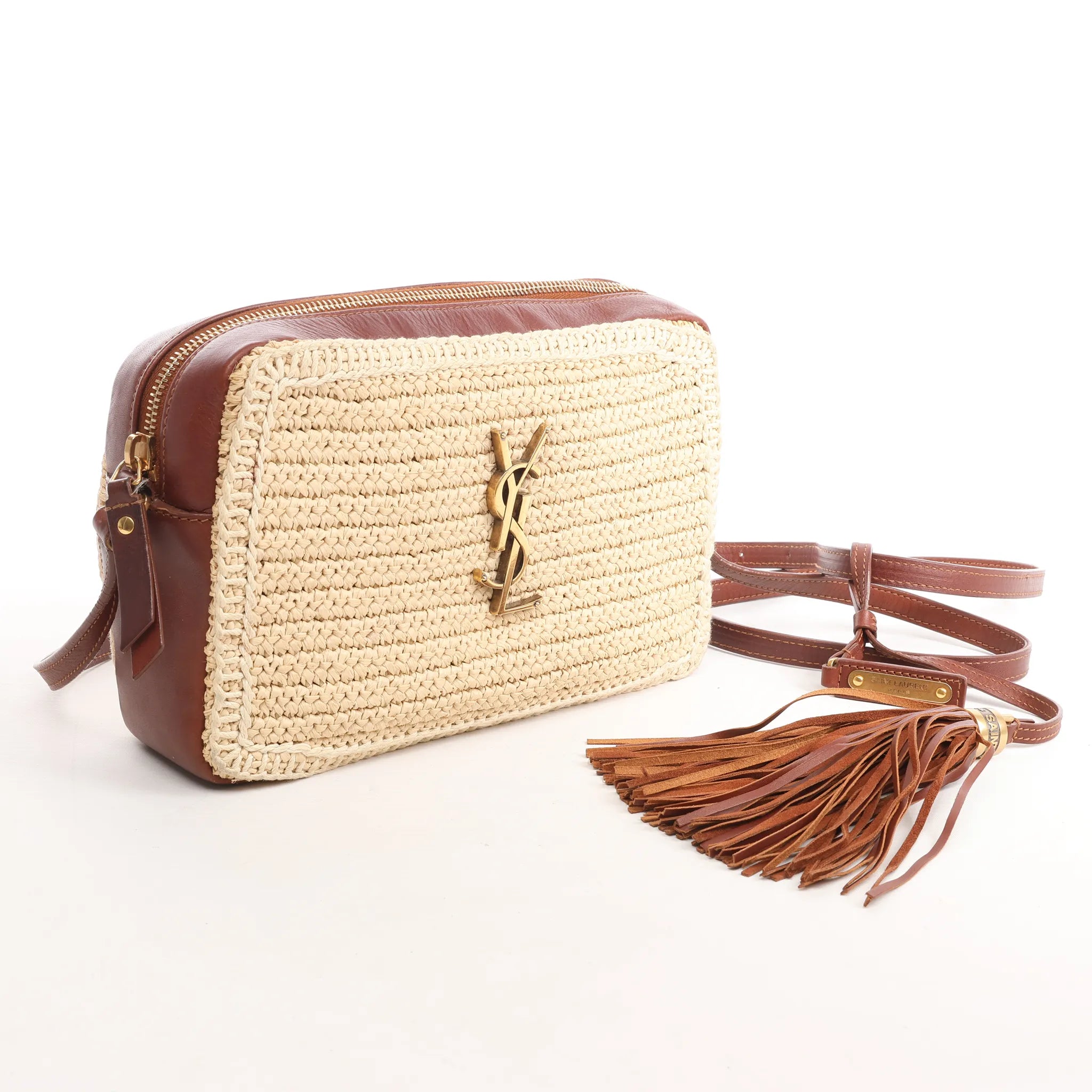 Saint Laurent Paris Lou Camera Raffia x Leather Crossbody Bag in Beige x Brown 468537