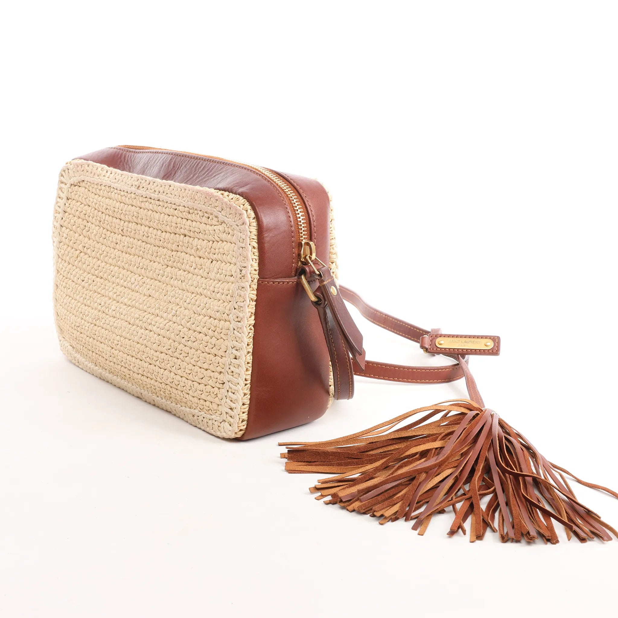 Saint Laurent Paris Lou Camera Raffia x Leather Crossbody Bag in Beige x Brown 468537