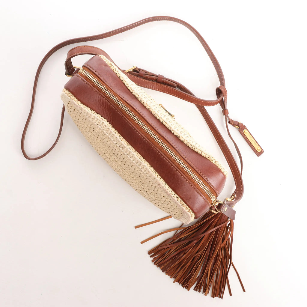 Saint Laurent Paris Lou Camera Raffia x Leather Crossbody Bag in Beige x Brown 468537