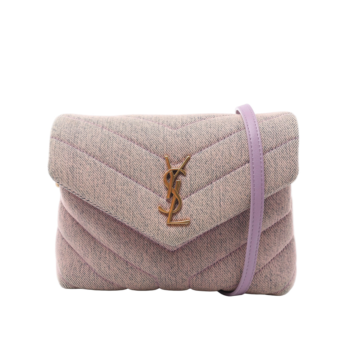 Purple Saint Laurent Loulou canvas shoulder bag with chevron quilting, an envelope flap, gold-tone YSL monogram and lilac leather strap.
