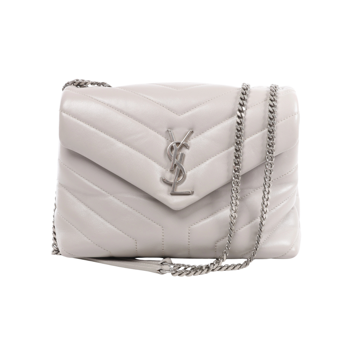 Front view of a light grey Saint Laurent Loulou bag with padded chevron quilting, an envelope flap, silver-tone YSL logo and chain shoulder strap.