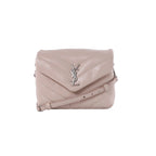 Alt Text: Pale pink Saint Laurent Loulou quilted leather shoulder bag with silver-tone YSL logo, flap closure and chain-detail strap.