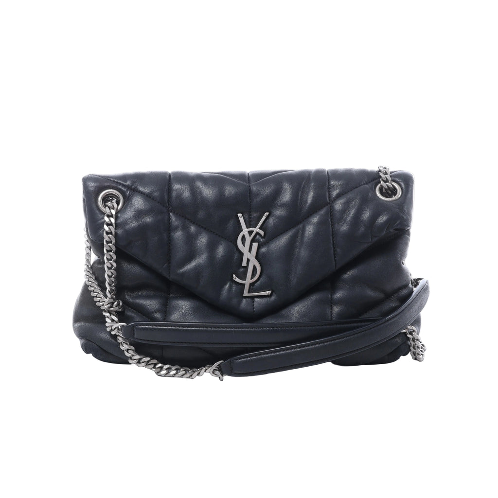 Black Saint Laurent Loulou Puffer leather shoulder bag with chevron quilting, silver-tone YSL logo and chain-and-leather strap.