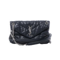Black Saint Laurent Loulou Puffer leather shoulder bag with chevron quilting, silver-tone YSL logo and chain-and-leather strap.