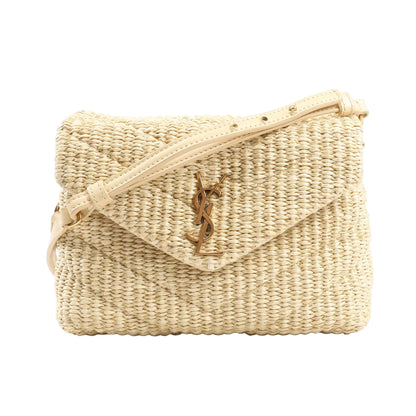 Saint Laurent Paris Loulou Crossbody Bag 467072 in beige raffia with chevron weave, leather strap, envelope flap, and gold YSL logo on a white background.