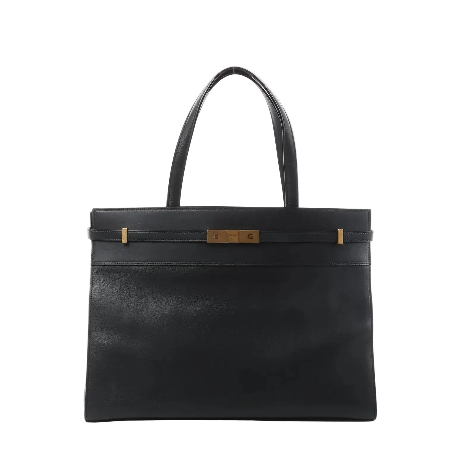 Front view of Saint Laurent Manhattan shoulder bag in black leather with double top handles, structured rectangular shape, and gold-tone strap-and-clasp detail.