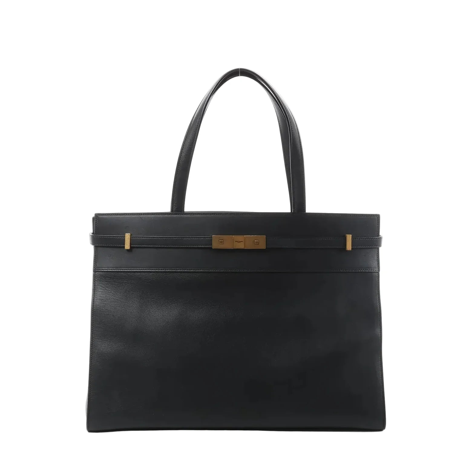 Front view of Saint Laurent Manhattan shoulder bag in black leather with double top handles, structured rectangular shape, and gold-tone strap-and-clasp detail.