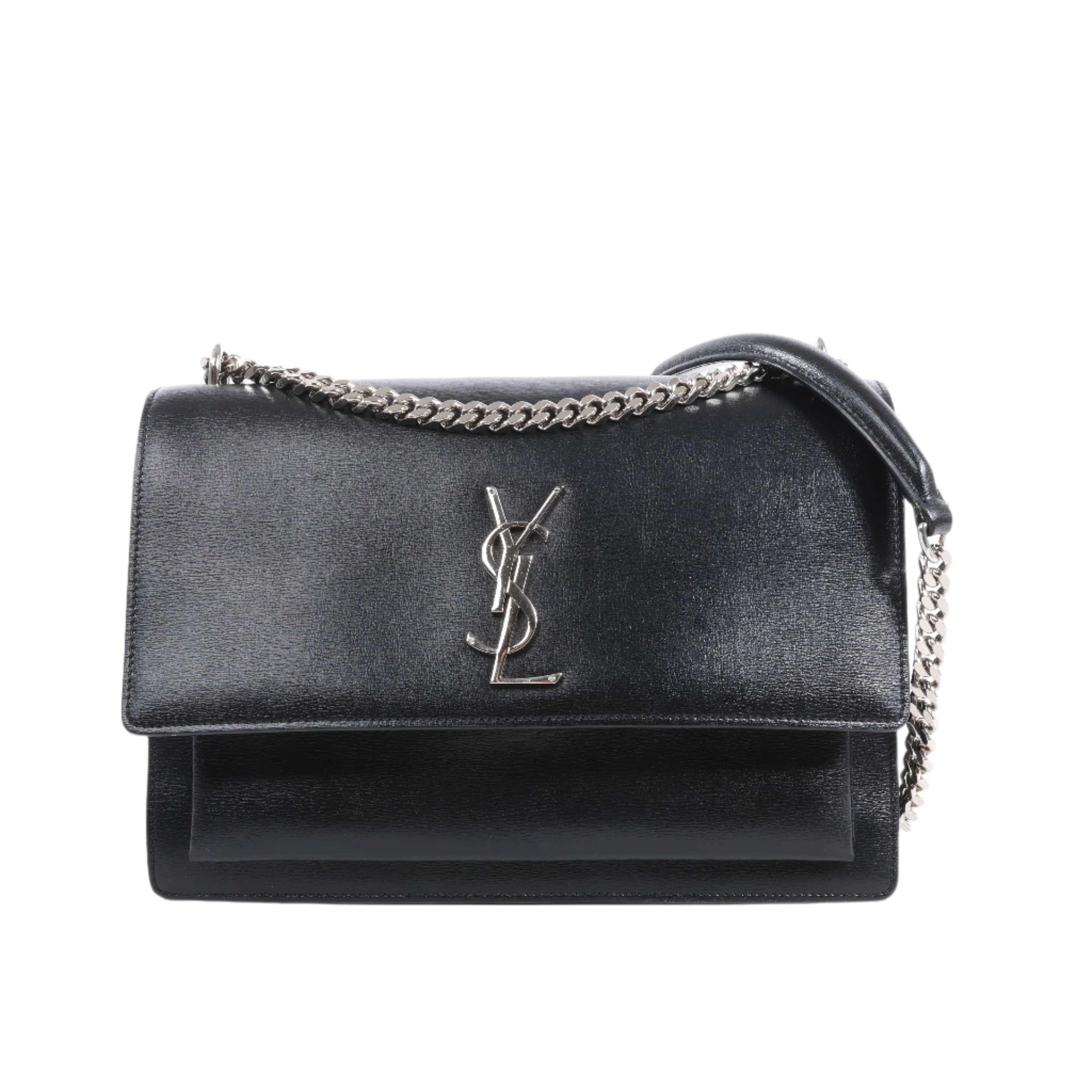 Black handbag with chain detail on a white background