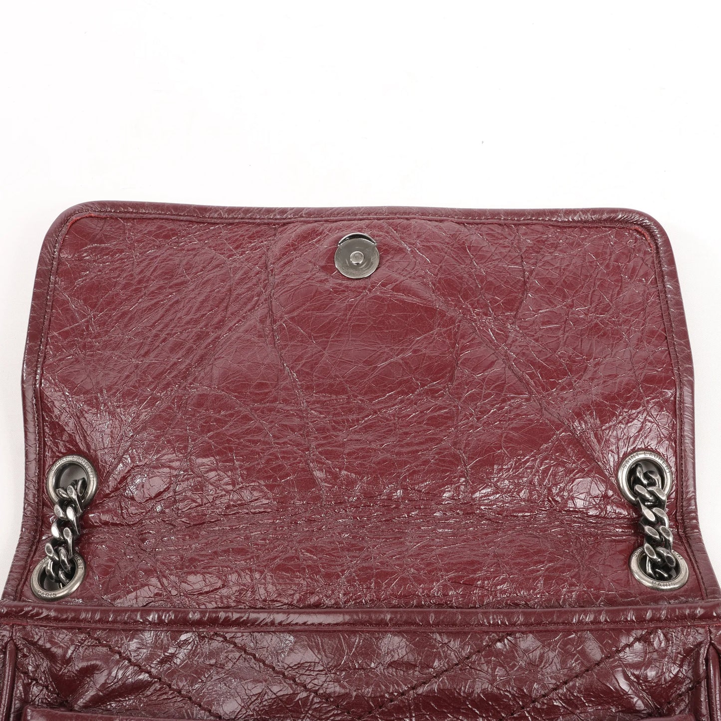 Sac à bandoulière Saint Laurent Paris Niki en cuir bordeaux avec chaîne 498894