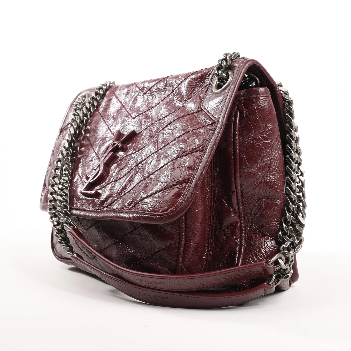 Sac à bandoulière Saint Laurent Paris Niki en cuir bordeaux avec chaîne 498894