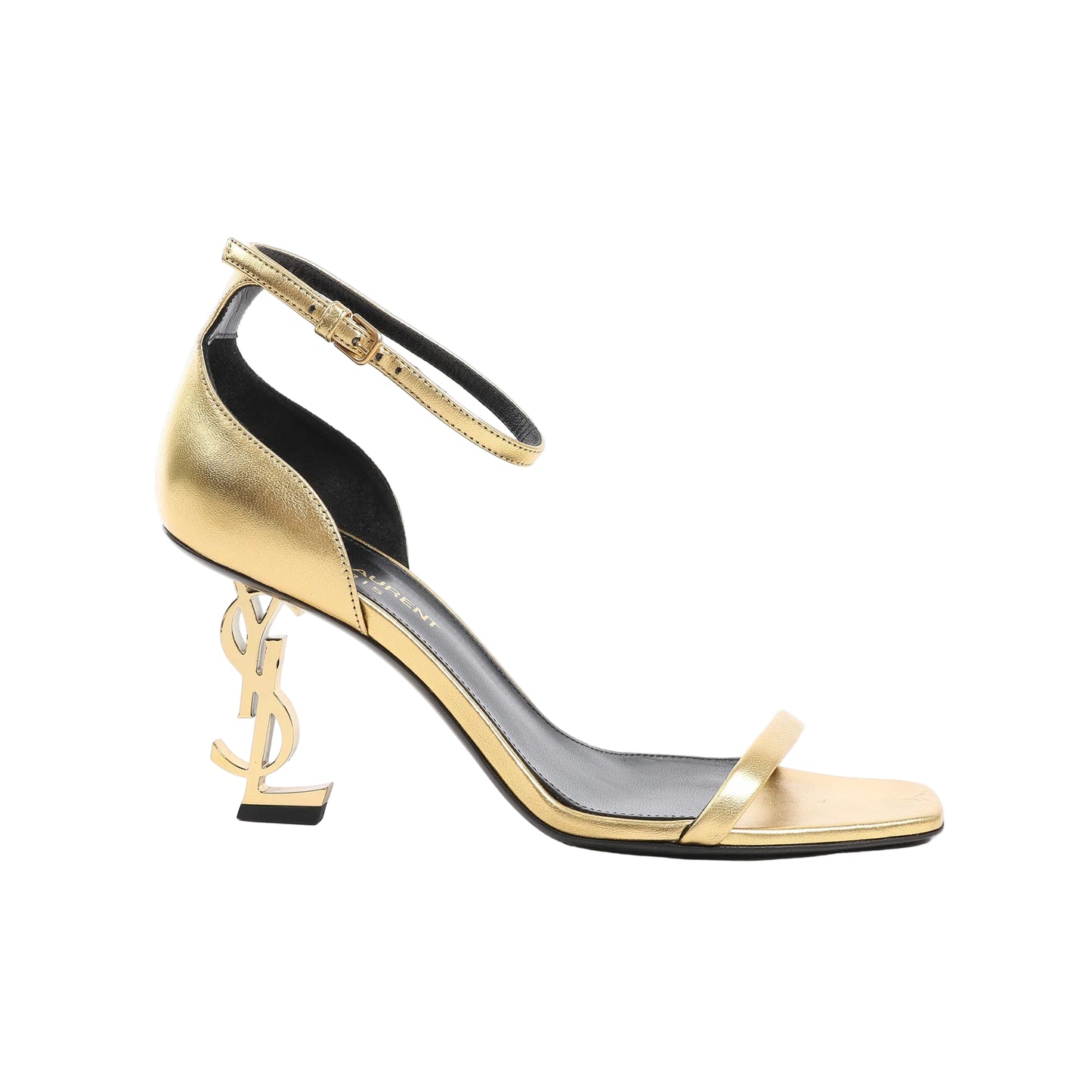 Saint Laurent Paris Opium gold leather heels in size 36.5 EU, featuring a slim ankle strap, open toe, and iconic YSL monogram logo heel, designed in a striking metallic finish for a luxe, modern silhouette.