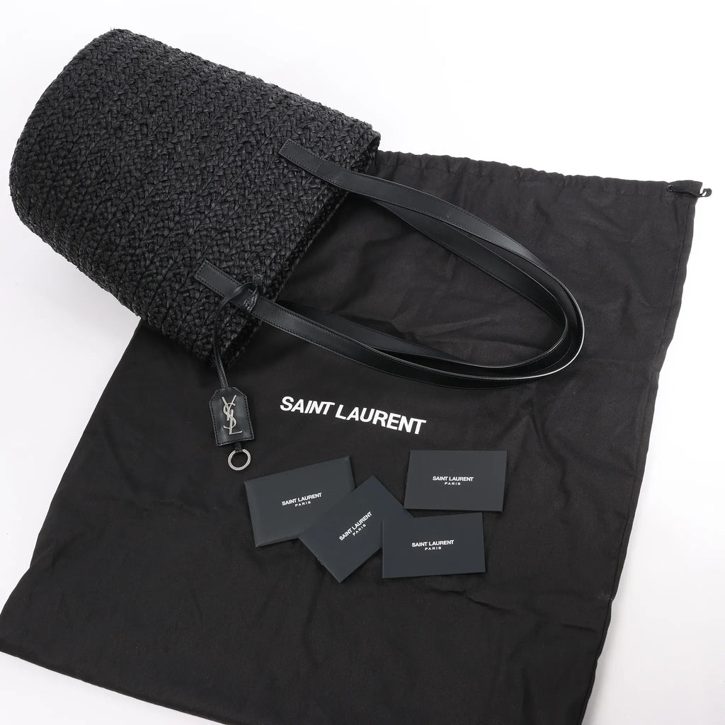 Saint Laurent Paris Panier Small Raffia x Leather Shoulder Bag in Black 693240