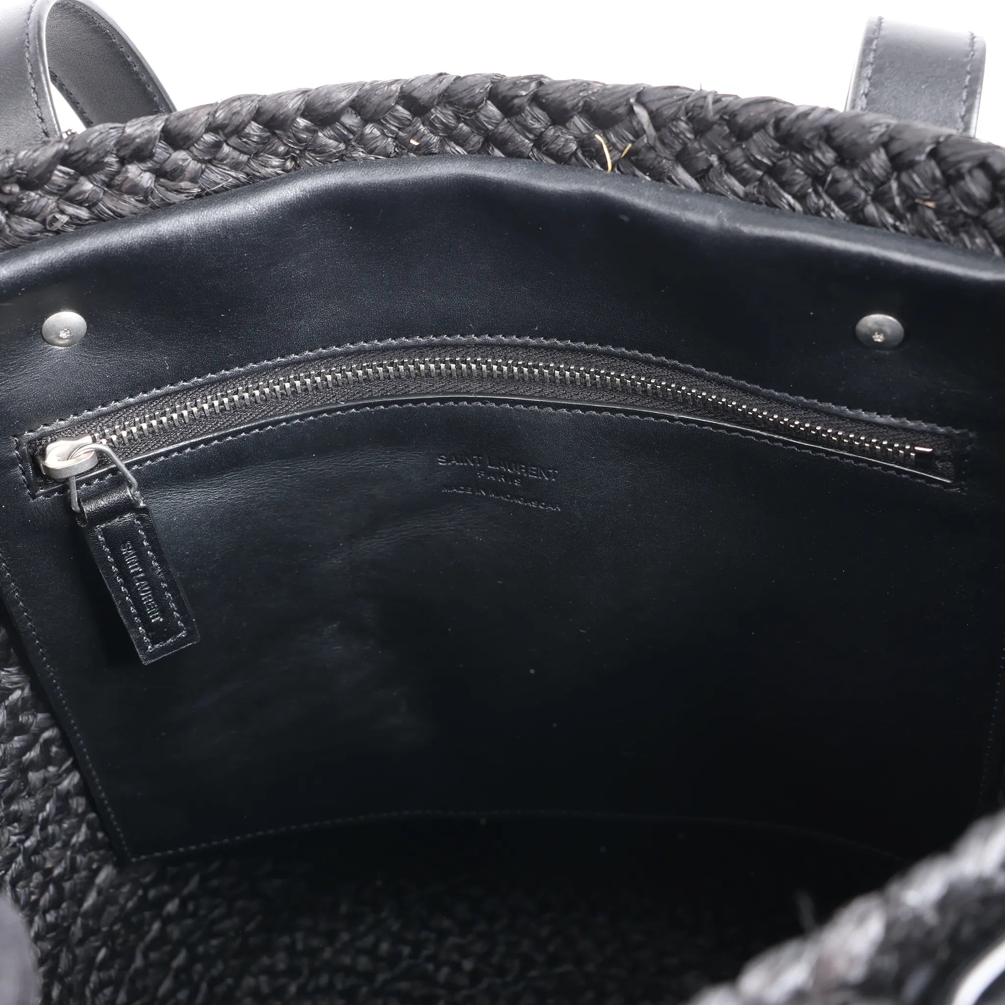 Saint Laurent Paris Panier Small Raffia x Leather Shoulder Bag in Black 693240