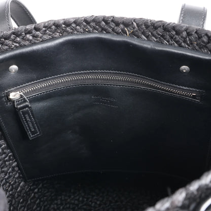 Saint Laurent Paris Panier Small Raffia x Leather Shoulder Bag in Black 693240