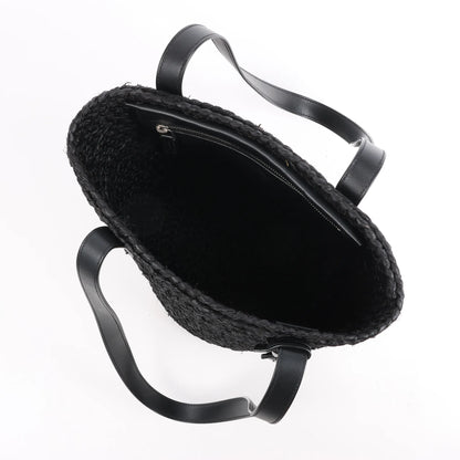 Saint Laurent Paris Panier Small Raffia x Leather Shoulder Bag in Black 693240