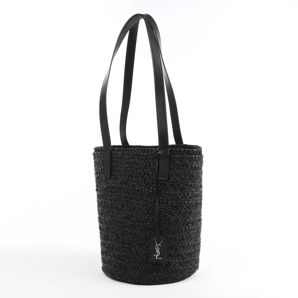 Saint Laurent Paris Panier Small Raffia x Leather Shoulder Bag in Black 693240