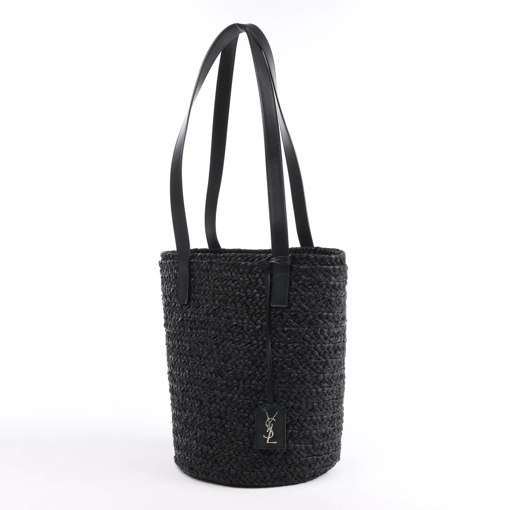 Saint Laurent Paris Panier Small Raffia x Leather Shoulder Bag in Black 693240